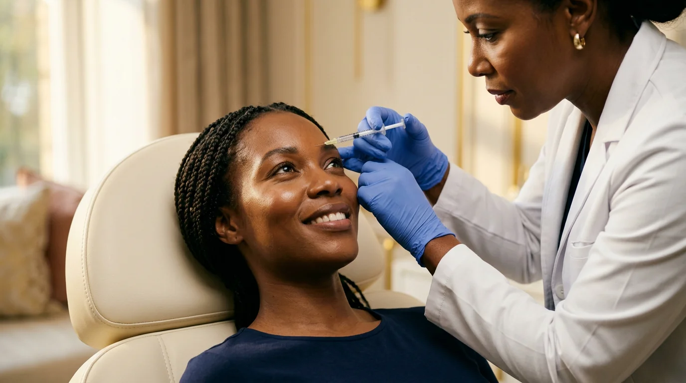 A smiling patient having an injection near the brow from a doctor in gloves