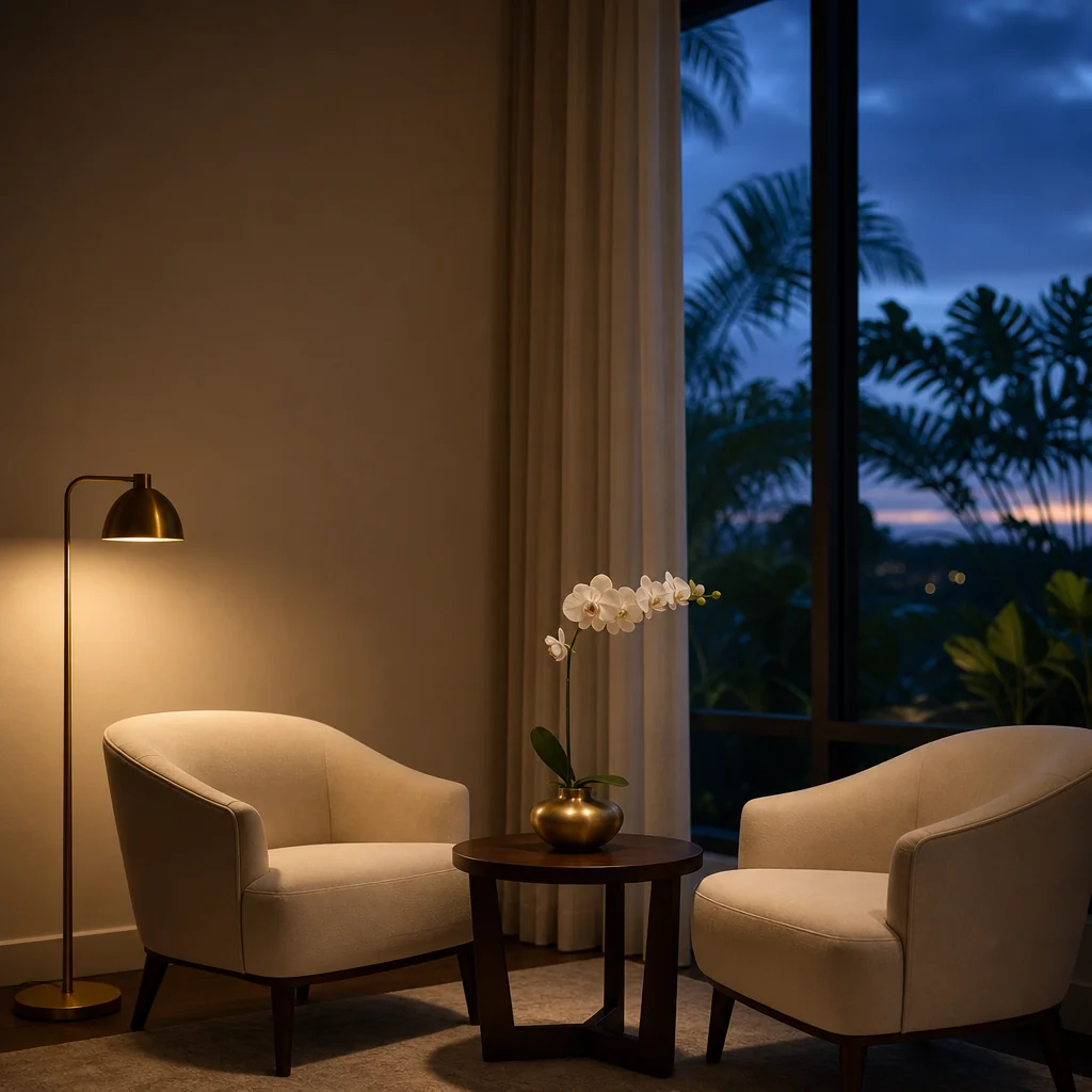Two chairs in a consultation corner at dusk