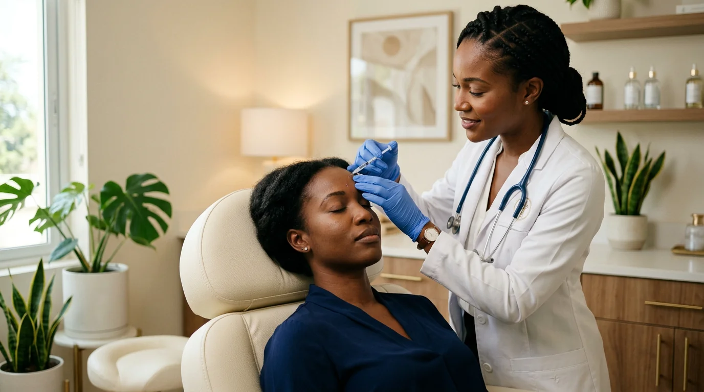 A doctor in a white coat placing an injection near a patient's brow