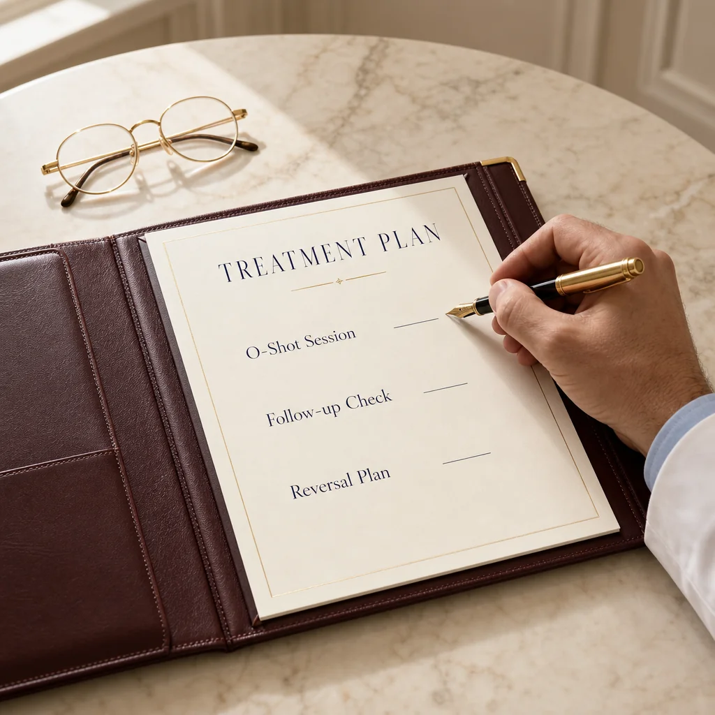 A physician's hand writing an Clit-Shot treatment plan on a leather portfolio with sections for the session, follow-up check, and reversal plan