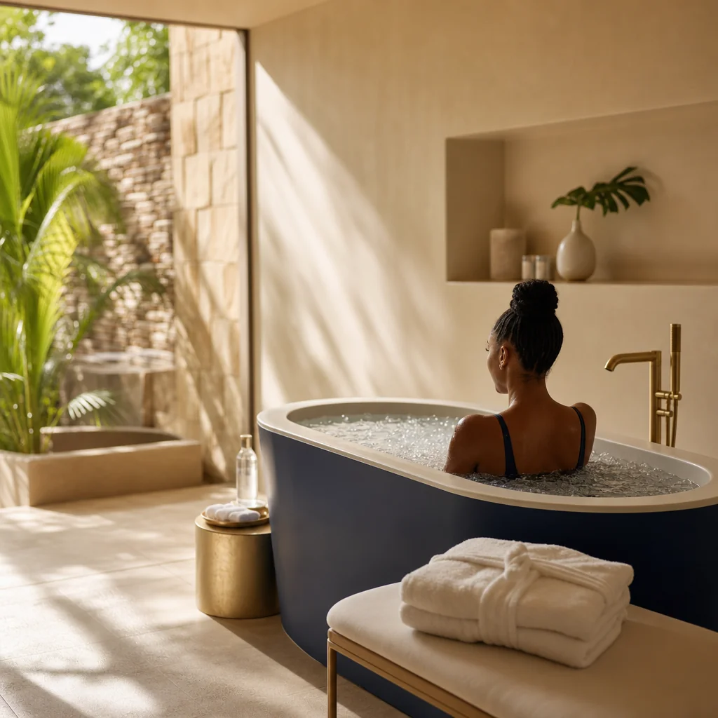 A patient sitting in a cold plunge tub