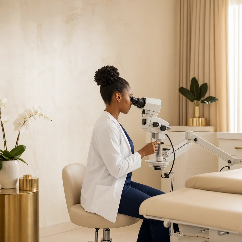 A doctor looking through a colposcope in an examination room