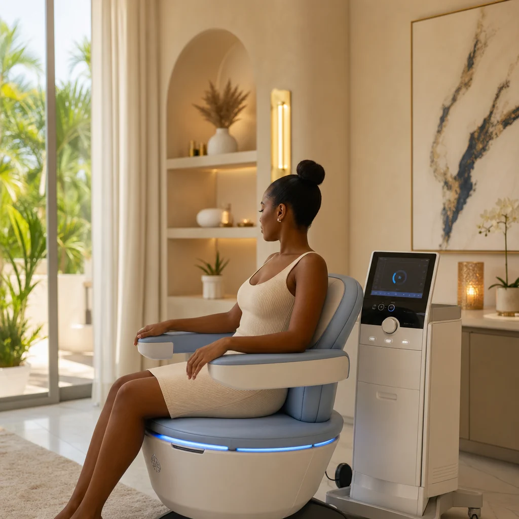 A patient seated on the Emsella chair beside its control unit