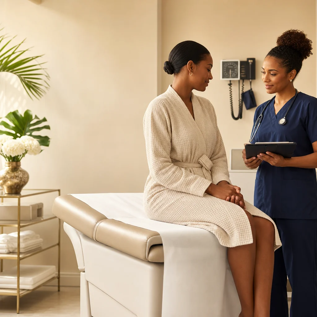 A patient sitting on an examination couch while a nurse with a tablet talks with her