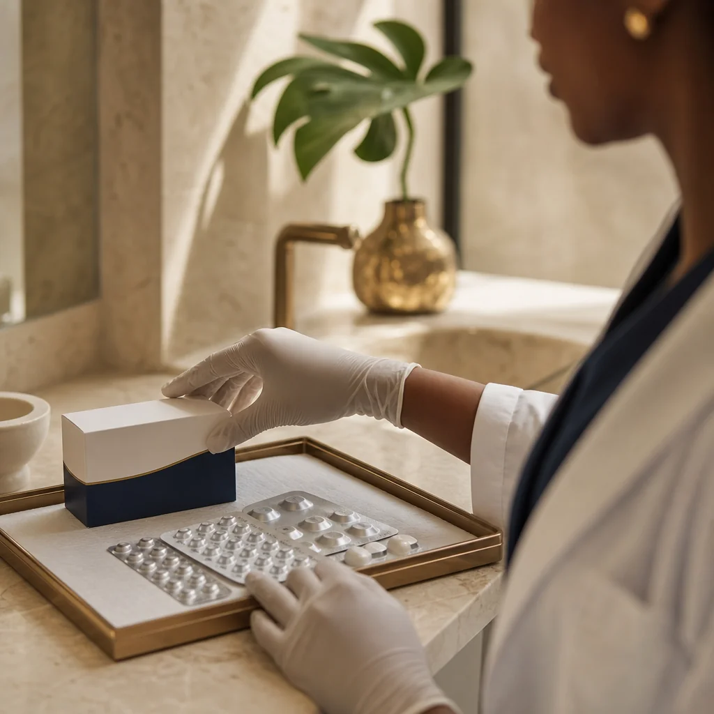 Physician's gloved hands during a Hormone Replacement Therapy appointment at the Oshun clinic in Kingston, Jamaica