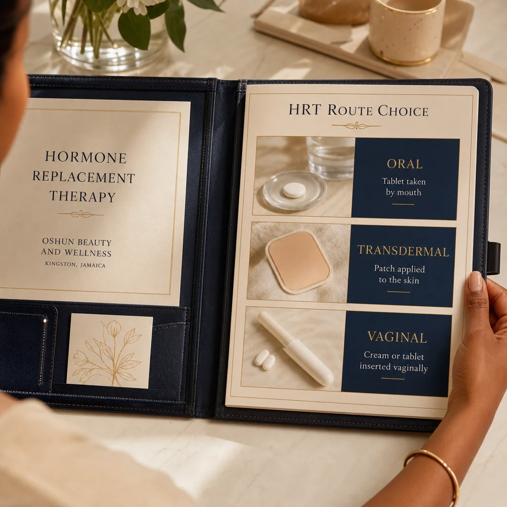 A Hormone Replacement Therapy treatment plan written by hand on a leather portfolio at the Oshun clinic in Kingston, Jamaica