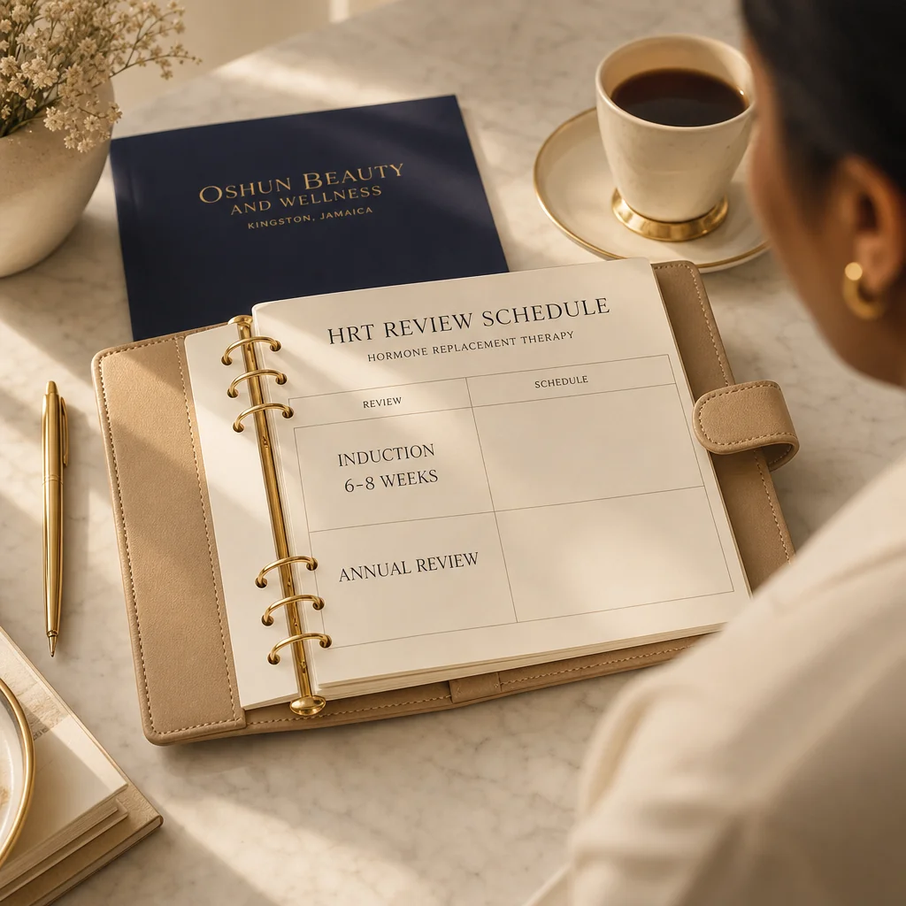 A leather-bound planner tracking the Hormone Replacement Therapy recovery and follow-up schedule at Oshun in Kingston, Jamaica