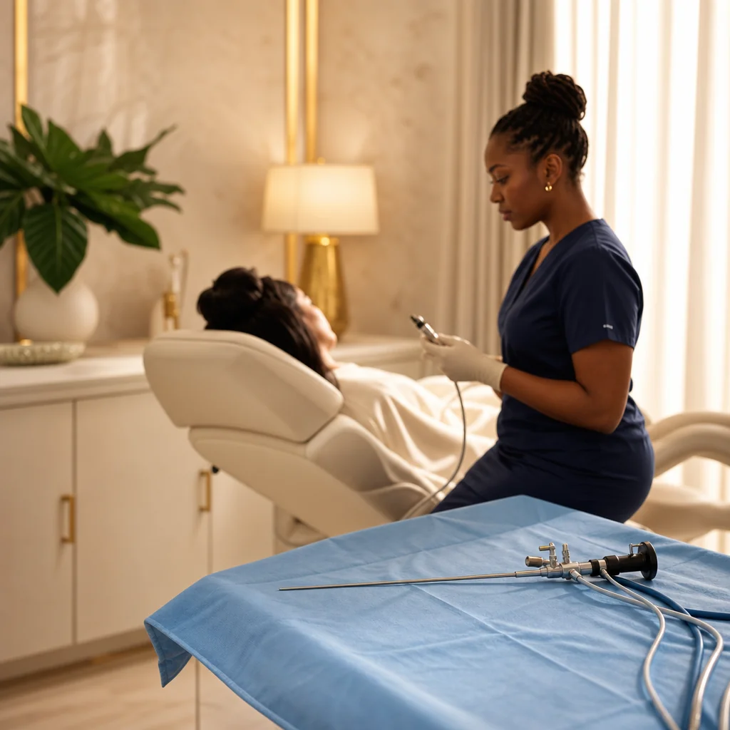 A clinician beside a patient on a treatment couch, with a hysteroscope laid out on a tray