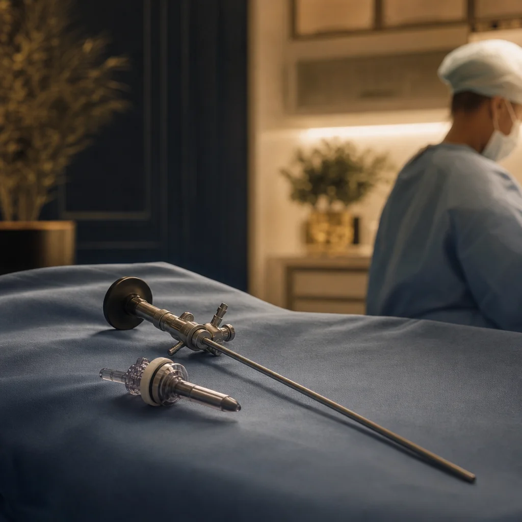Laparoscopic instruments laid out on a sterile drape