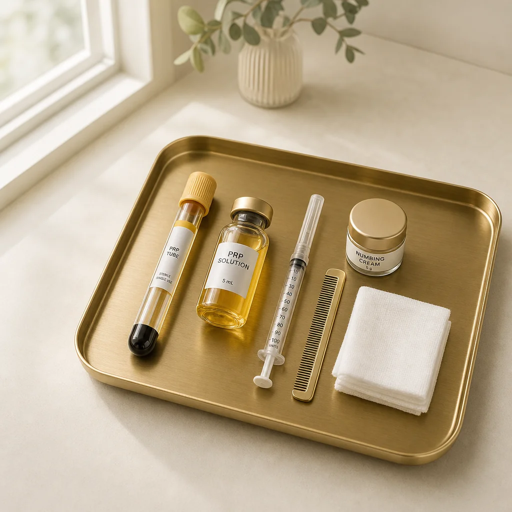 An overhead view of a brushed-gold clinical tray at Oshun with a blood-draw tube, a sterile PRP vial, swab packets, and gauze ready for the Male Hair Restoration (PRP) session