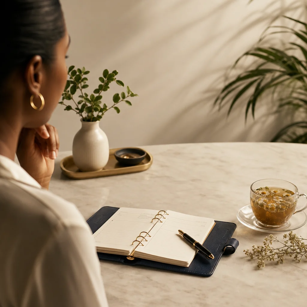 A patient at a table with an open notebook