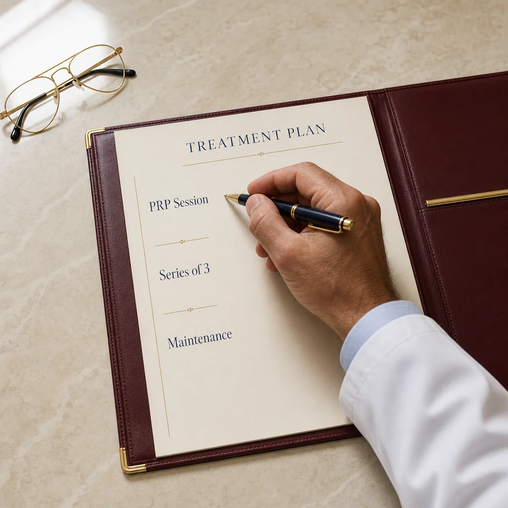 A physician's hand writing an Microneedling with PRP treatment plan on a leather portfolio with sections for the session, follow-up check, and reversal plan