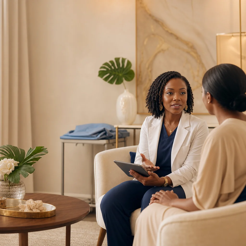 A doctor in a white coat talking with a patient, a tablet in her hand
