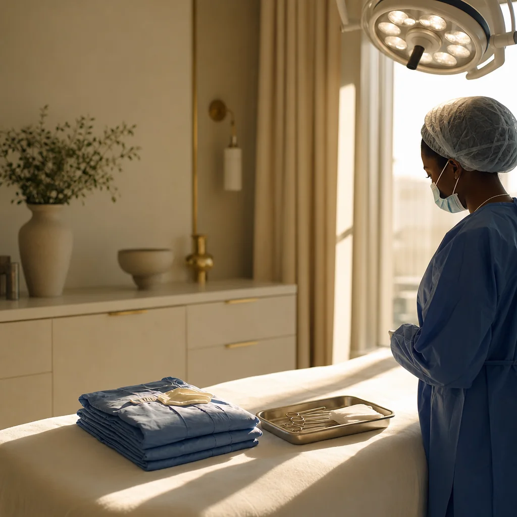 A surgeon in gown and cap preparing a procedure room