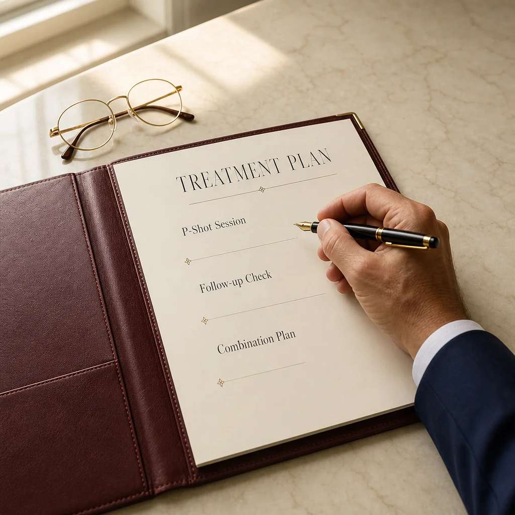 A physician's hand writing an P-Shot treatment plan on a leather portfolio with sections for the session, follow-up check, and reversal plan