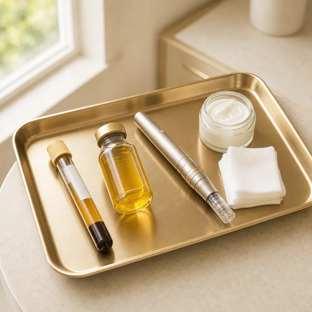 An overhead view of a brushed-gold clinical tray at Oshun with a blood-draw tube, a sterile PRP vial, swab packets, and gauze ready for the PRP Facial session