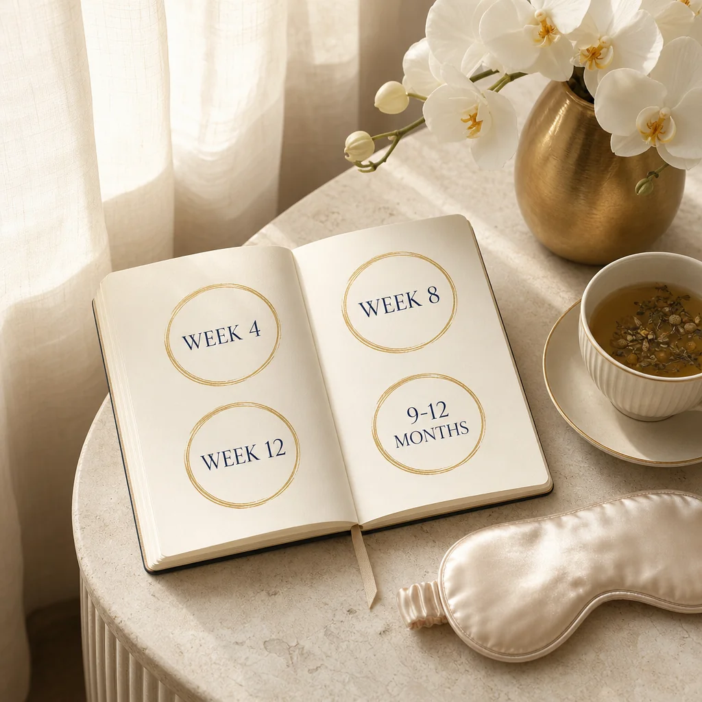 A planner with Week 4, Week 8, Week 12, and 12-18 Months circled in gold ink, beside herbal tea and a white orchid — the PRP Facial build-up timeline