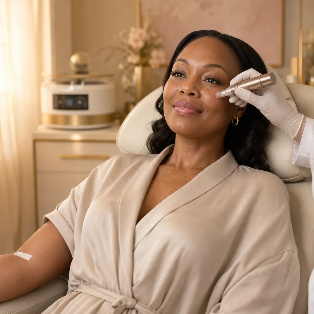 A patient having a facial treatment from a clinician in gloves