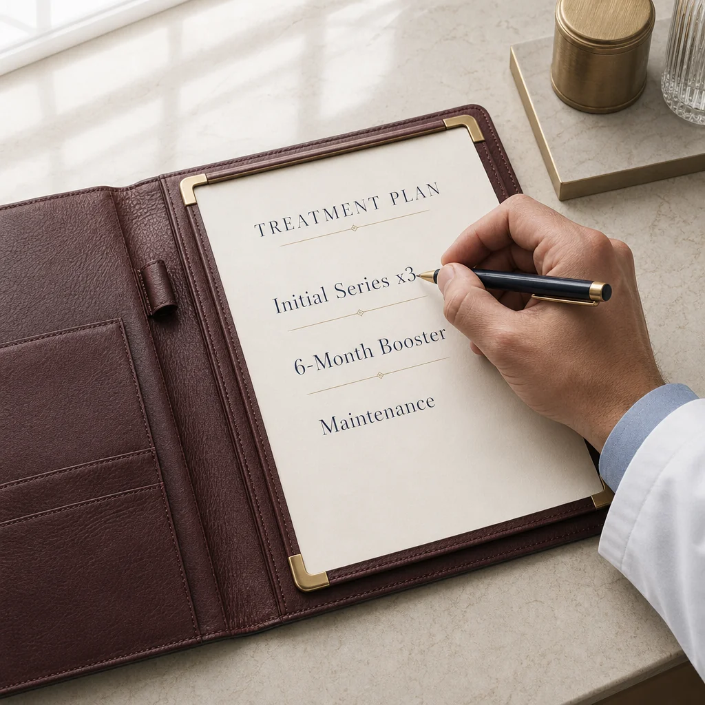 A physician's hand writing an PRP Hair Restoration treatment plan on a leather portfolio with sections for the session, follow-up check, and reversal plan
