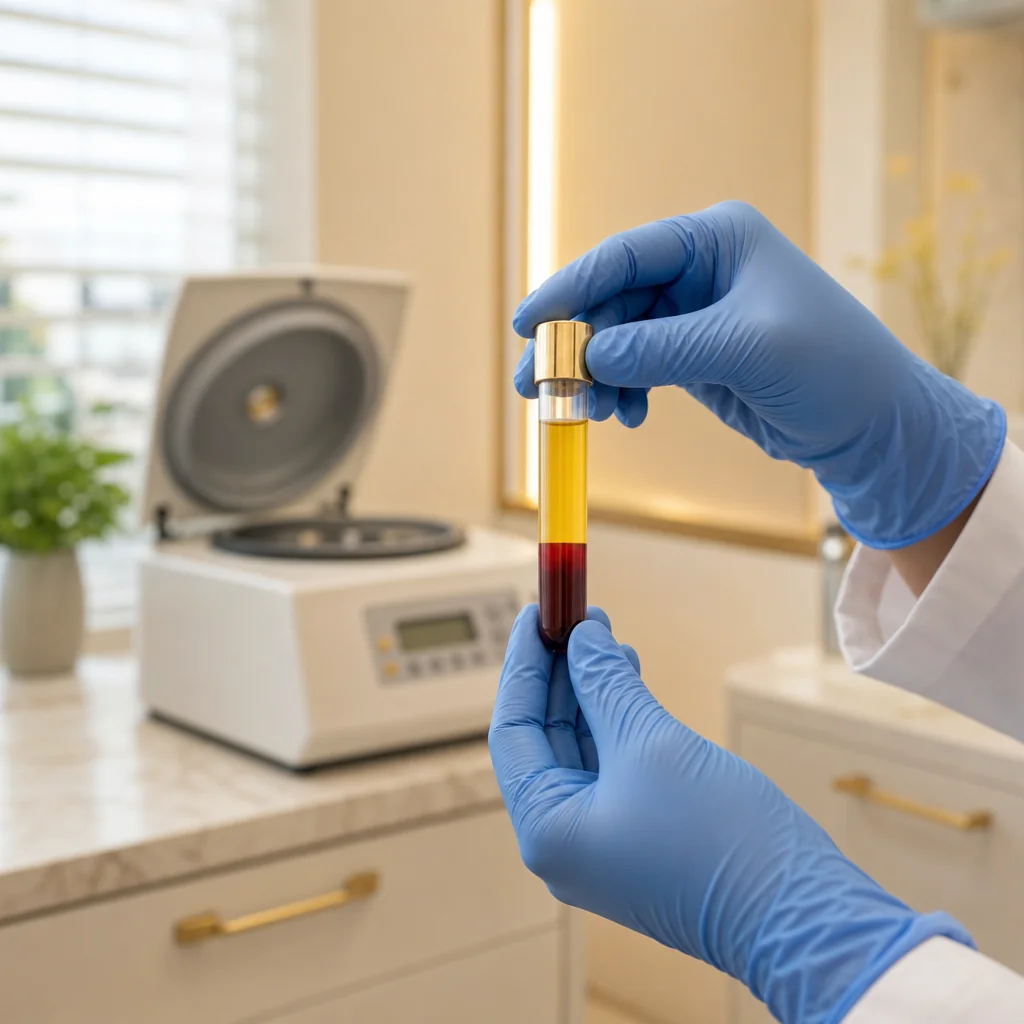 Gloved hands holding a blood sample tube beside a centrifuge