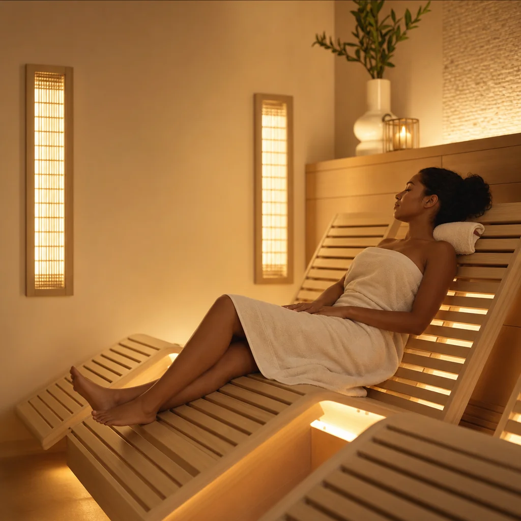 A patient reclining in an infrared sauna