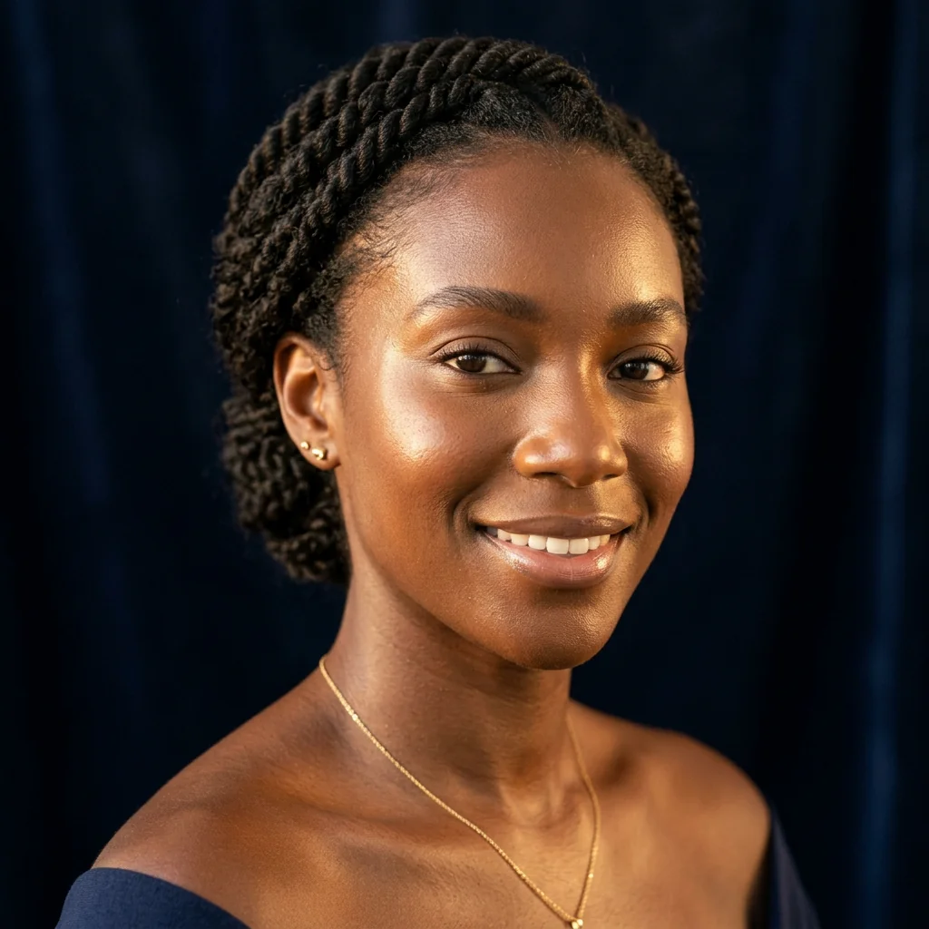A woman smiling against a navy backdrop