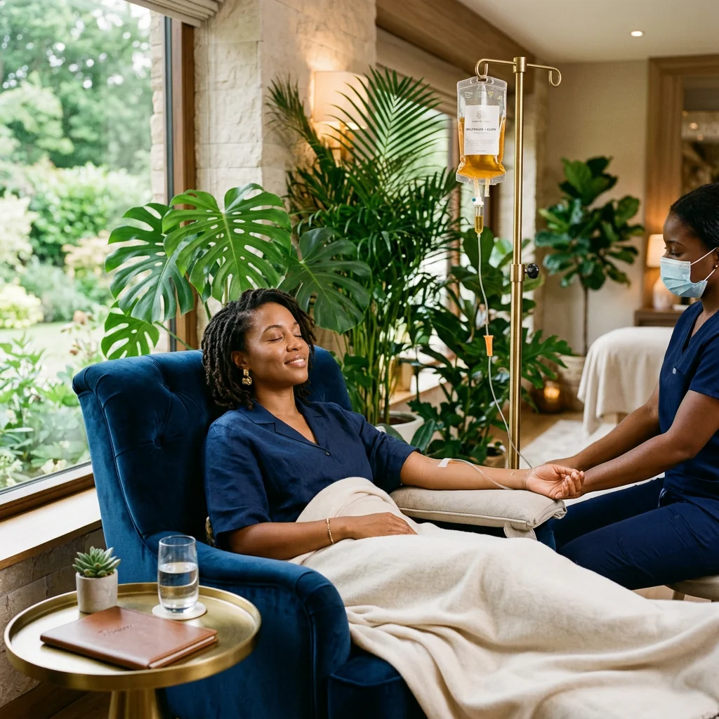 A patient resting in a chair with an IV drip while a clinician in a mask checks on her