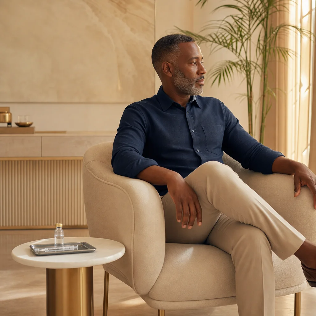 A man in a navy shirt seated in a consultation room