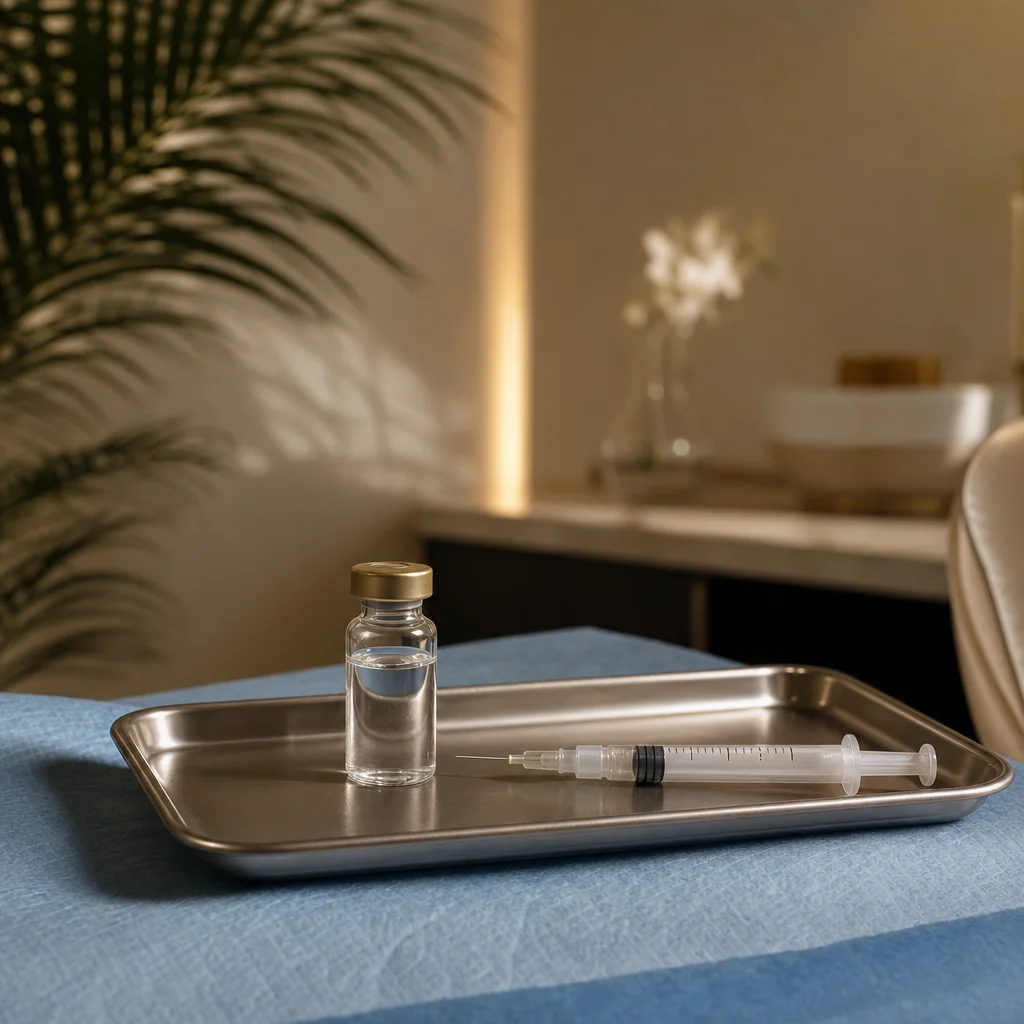 A small vial and a syringe on a steel tray