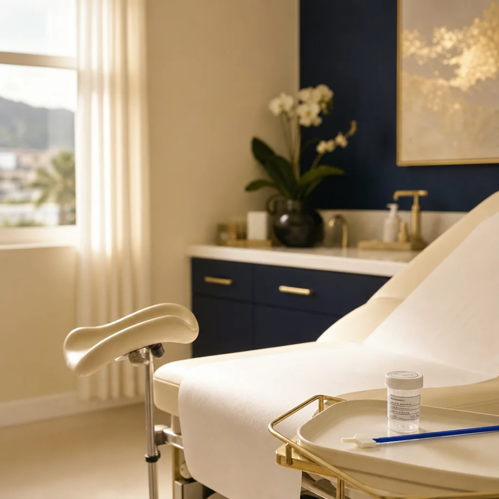 An examination room with a couch and a prepared sample tray